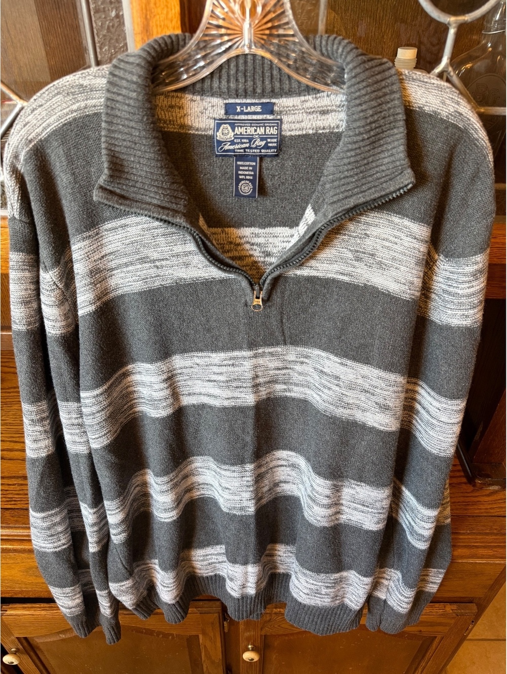 American Rag Men's 1/4 Zip Sweater XL Gray Striped Cotton Knit - Picture 2 of 5